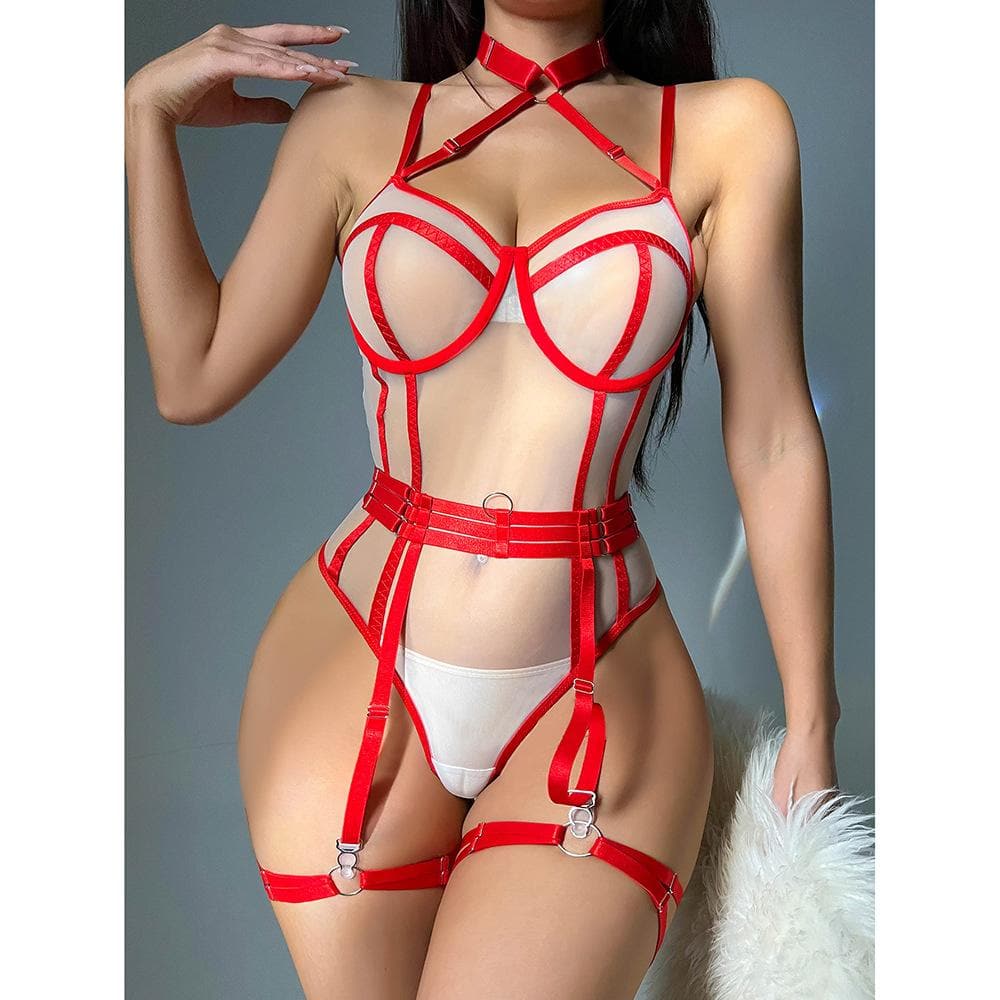 Mesh print garter o ring halter bodysuit