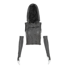 Gloves textured sleeveless solid hoodie o ring crop top