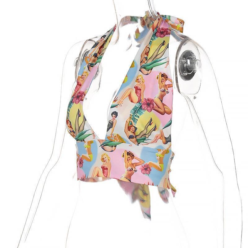 Backless bowknot halter printed top