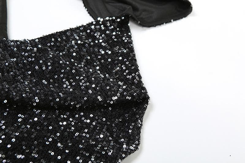 Glitter cowl neck hoodie gloves backless halter crop top