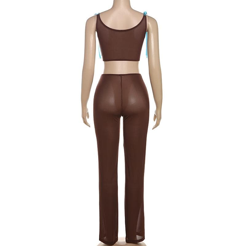 Bowknot applique sheer mesh self tie tank pant set