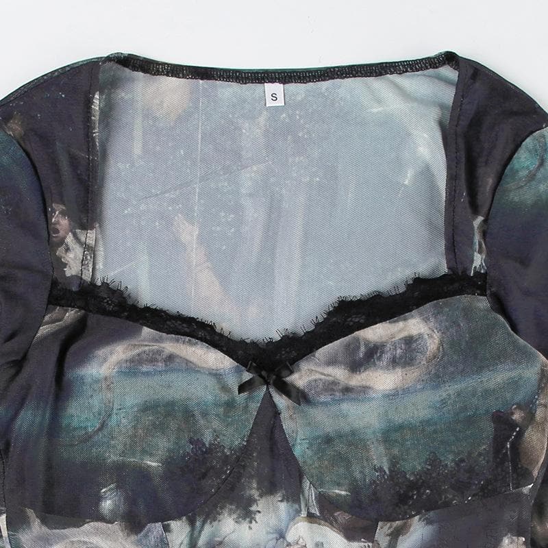 Long sleeve abstract print bowknot bodysuit