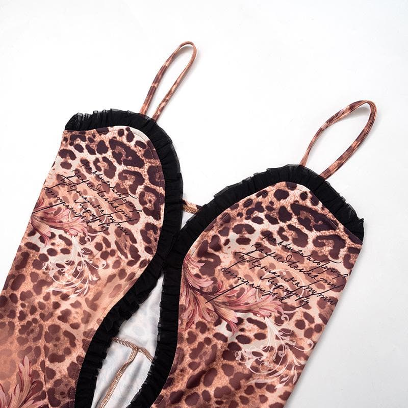 Leopard print lace hem ruffle hollow out cami jumpsuit