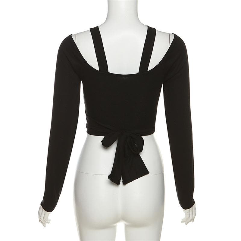 Long sleeve self tie bowknot hollow out solid crop cut out top