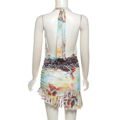 Irregular halter deep V neck print sheer mesh mini dress