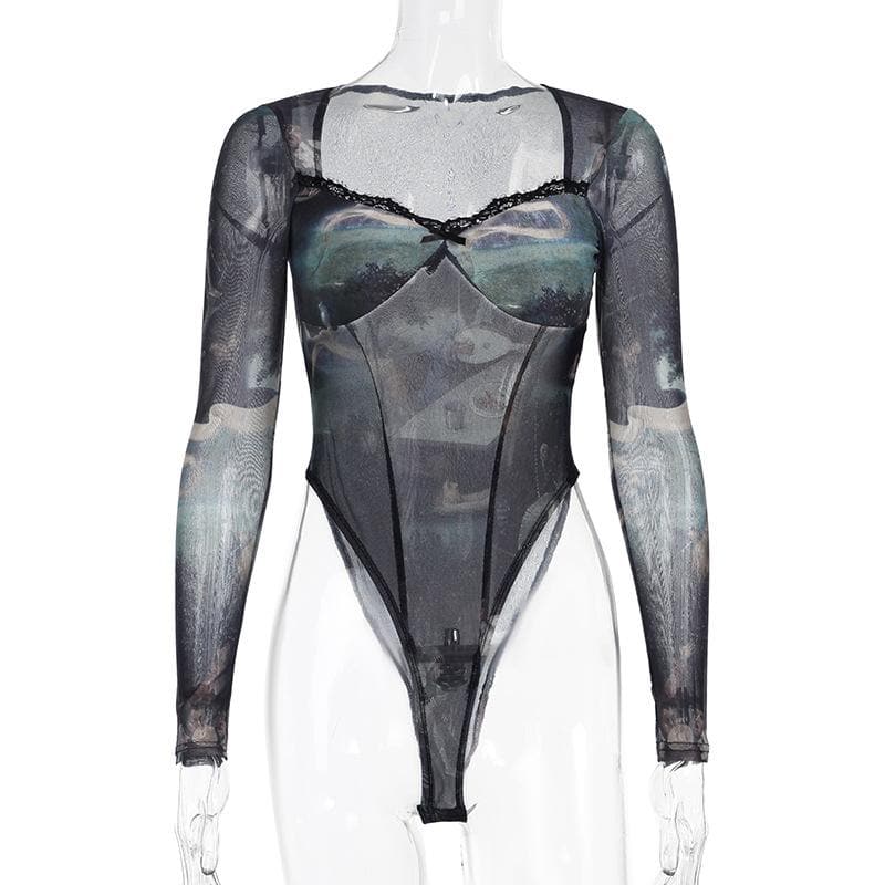 Long sleeve abstract print bowknot bodysuit