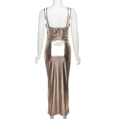 Metallic ruched backless patchwork solid midi dress