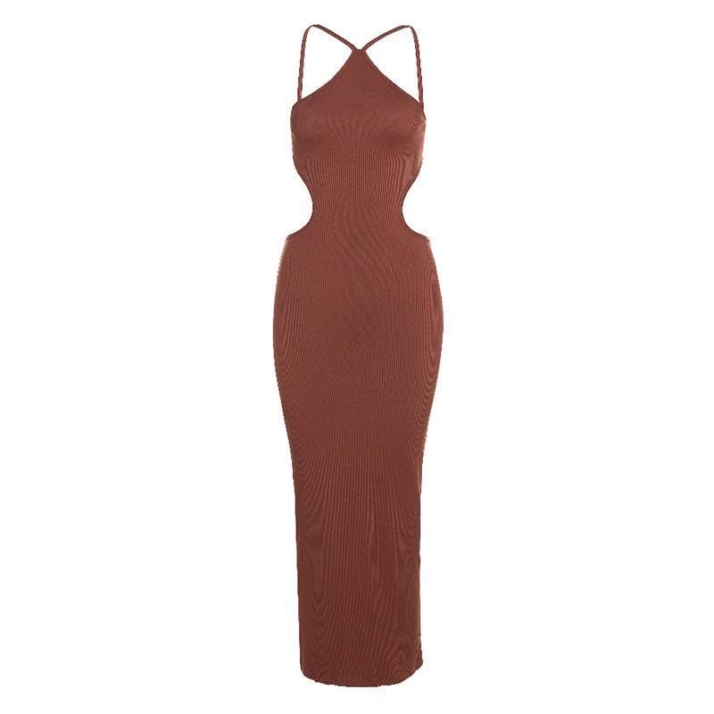 Hollow out halter open back ribbed cut out midi dress