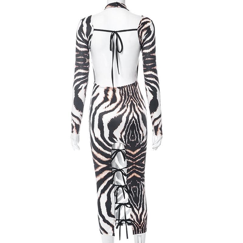 Backless self tie long sleeve tiger print contrast midi dress