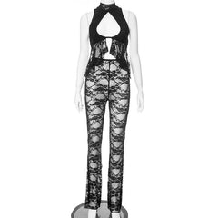 High neck lace hollow out ruffle see through pant set