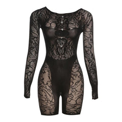 Hollow out long sleeve beaded fishnet see through solid romper