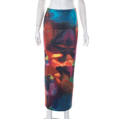 Abstract print low rise contrast maxi skirt