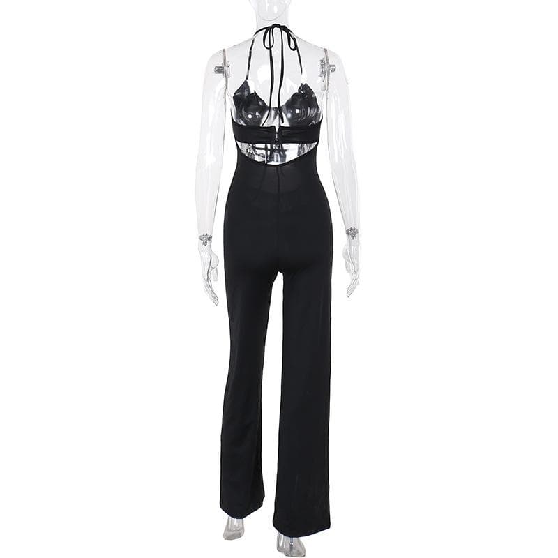 Halter v neck hollow out lace patchwork jumpsuit