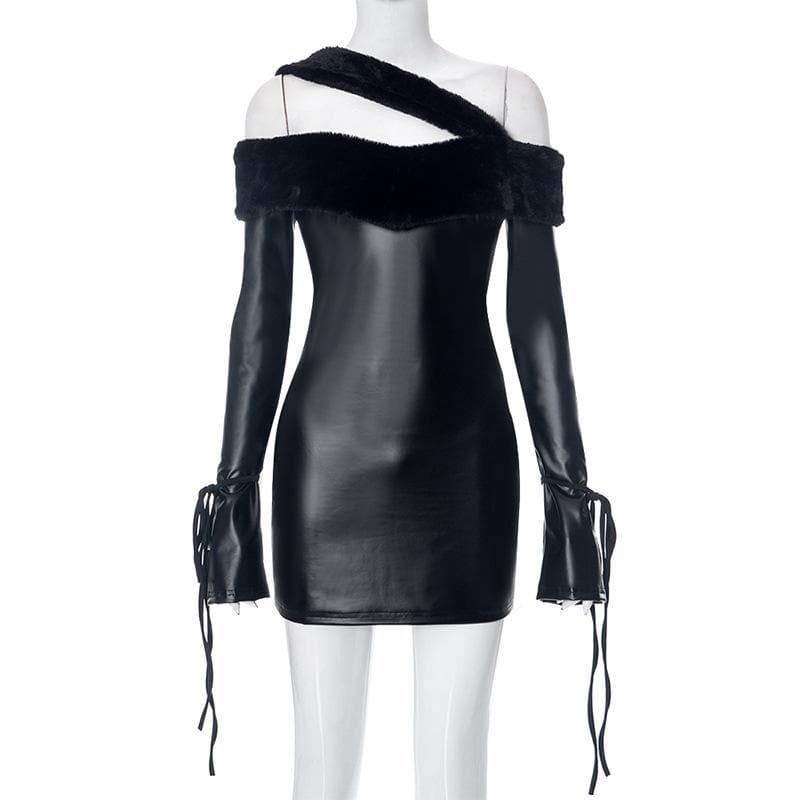 Long sleeve off shoulder PU leather furry solid mini dress