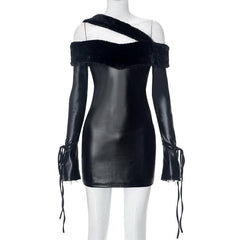 Long sleeve off shoulder PU leather furry solid mini dress