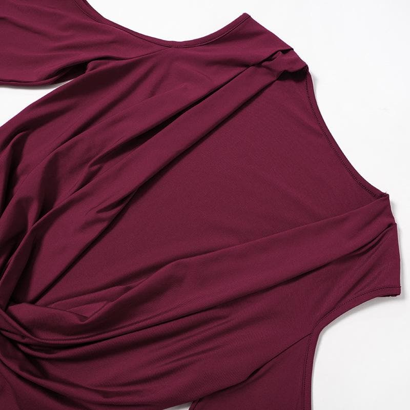Long flared sleeve off shoulder cowl neck ruched solid mini dress