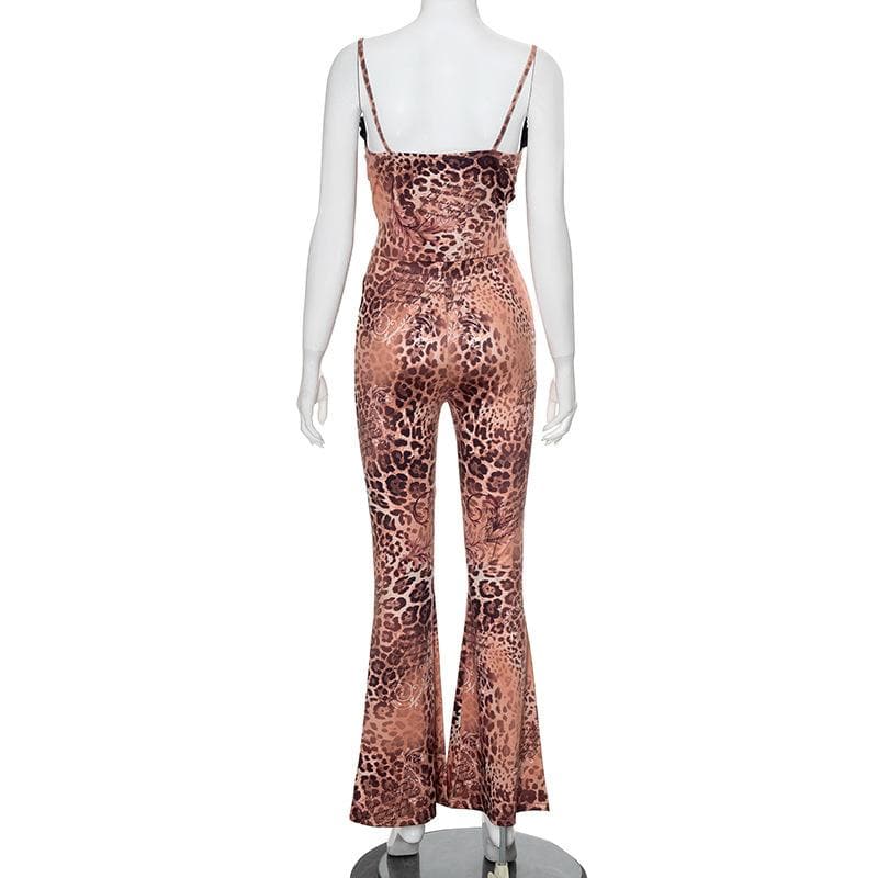 Leopard print lace hem ruffle hollow out cami jumpsuit