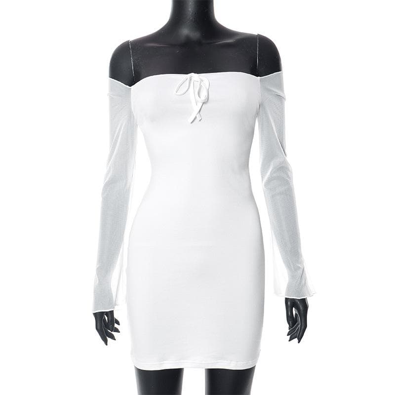 Mesh solid off shoulder long sleeve self tie mini dress