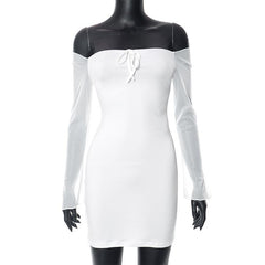 Mesh solid off shoulder long sleeve self tie mini dress