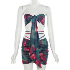 Backless self tie ruched tie dye drawstring contrast mini skirt set