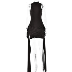 High neck ruffle ruched solid mini dress