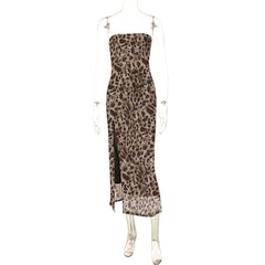 Leopard print slit mesh tube midi dress