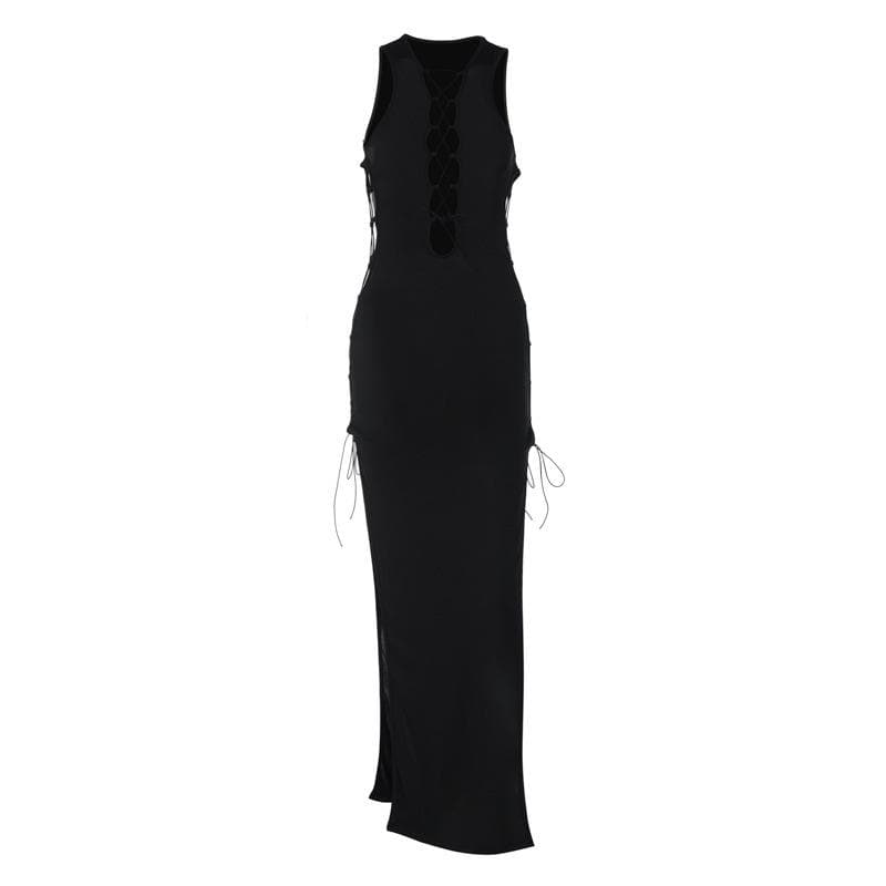 Hollow out sleeveless lace up slit solid cut out maxi dress