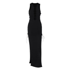 Hollow out sleeveless lace up slit solid cut out maxi dress