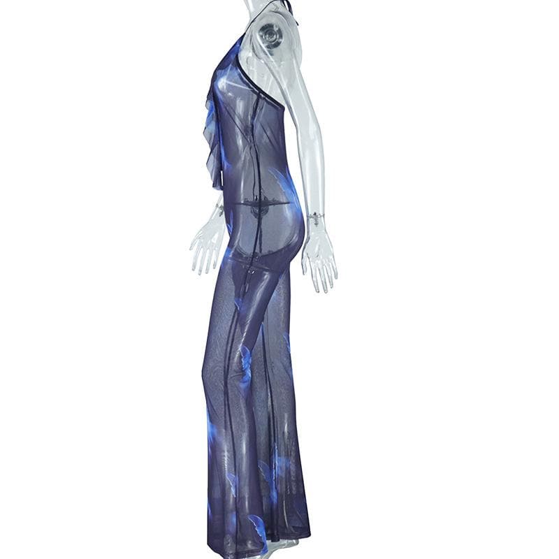 Halter ruffle sheer mesh backless print jumpsuit