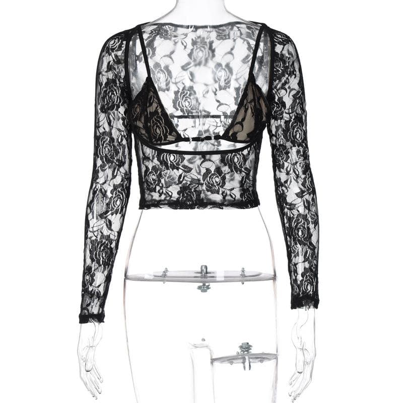 Long sleeve hollow out contrast lace 2 piece cut out top