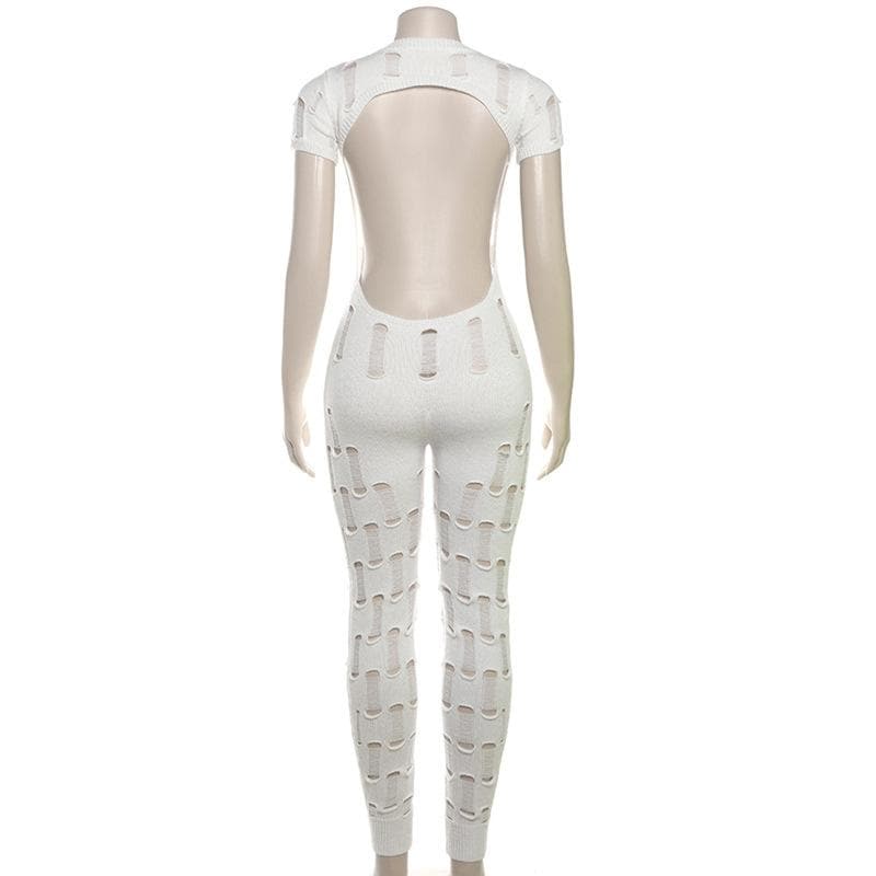 Hollow out short sleeve crewneck knitted backless jumpsuit