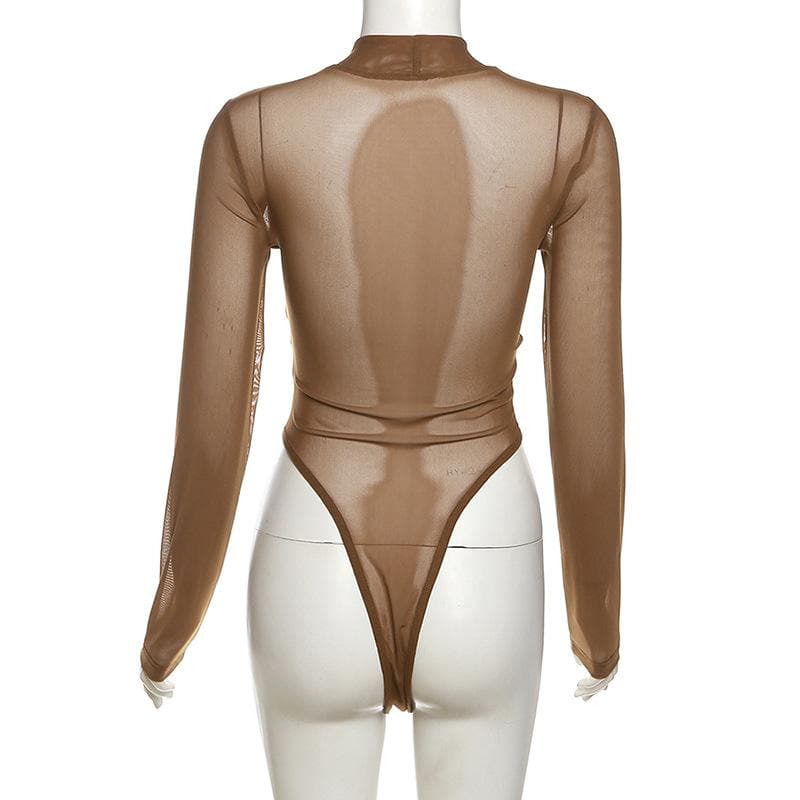 Long sleeve high neck mesh ruched bodysuit