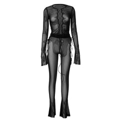 Long flared sleeve lace up sheer mesh pant set