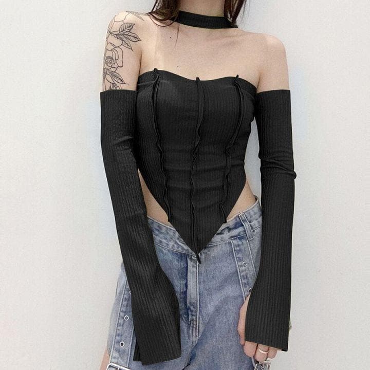 Long sleeve off shoulder patchwork halter top