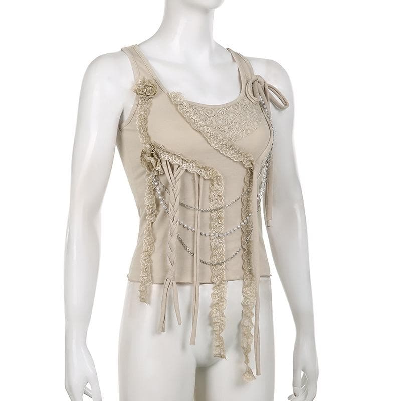 Metal chain sleeveless lace hem irregular solid top