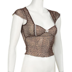 Leopard print short sleeve bowknot mesh top