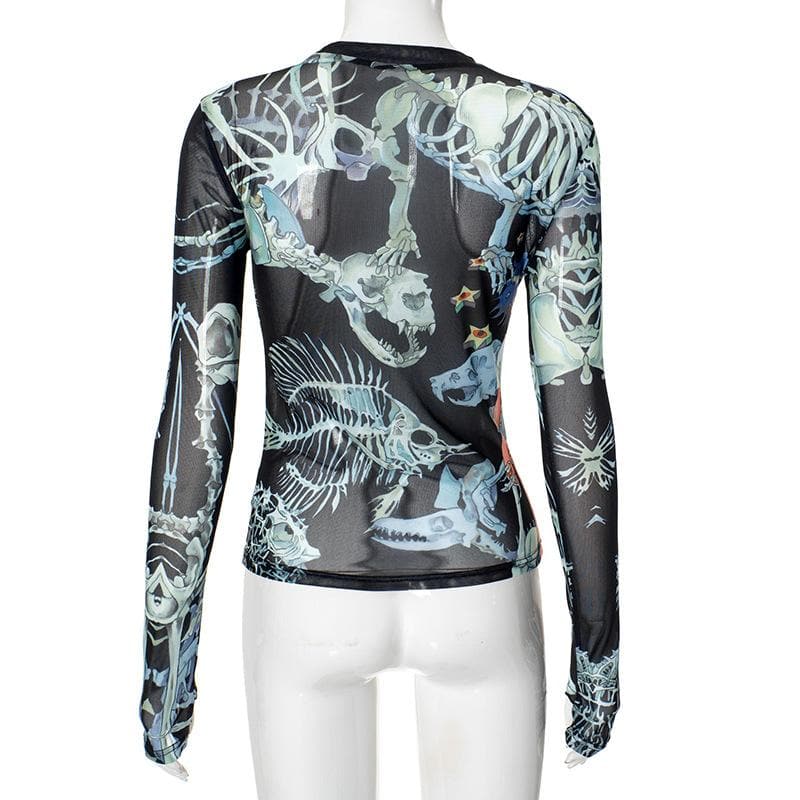 Long sleeve abstract print mesh top