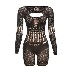 Long sleeve hollow out fishnet solid romper