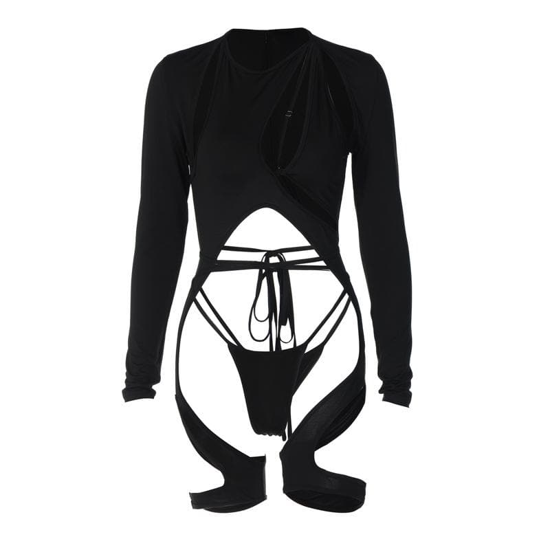 Long sleeve hollow out zip-up irregular solid cut out top