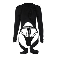 Long sleeve hollow out zip-up irregular solid cut out top