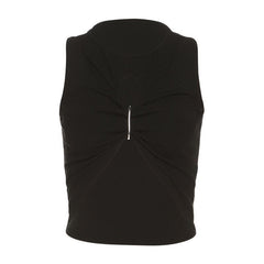 Hollow out sleeveless crewneck ruched solid crop cut out top