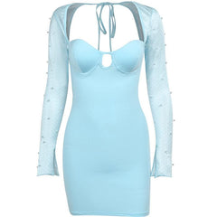 Long sleeve solid hollow out slit ruched beaded self tie backless cut out mini dress - Final Sale