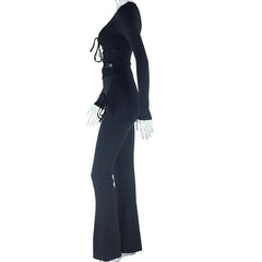 Long sleeve drawstring ruched patchwork jumpsuit