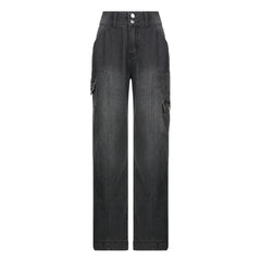 High rise straight leg button gradient pocket jeans