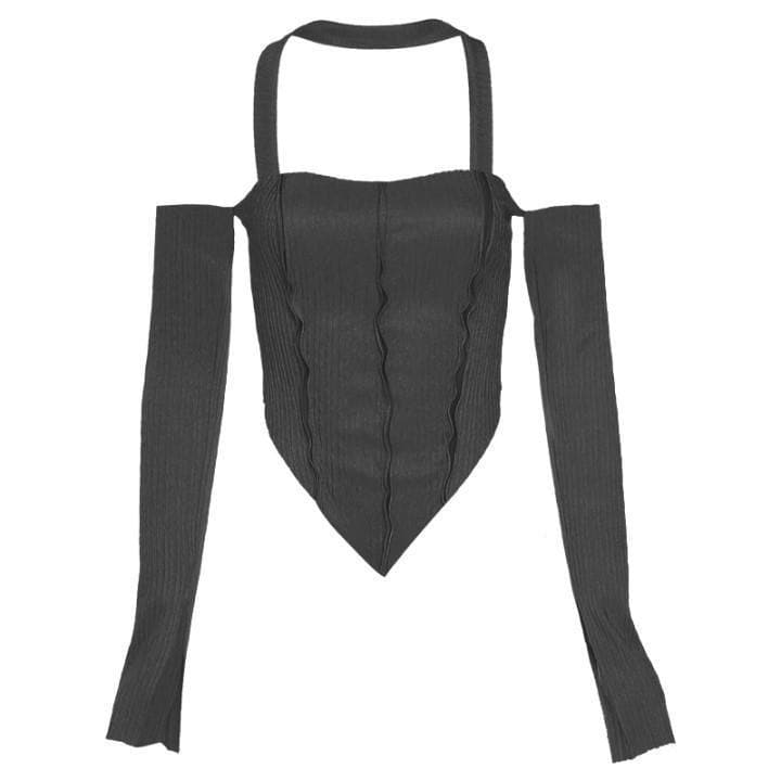 Long sleeve off shoulder patchwork halter top