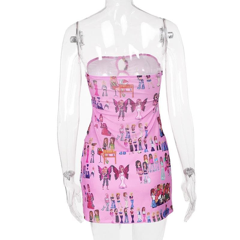 Hollow out bowknot print slit tube cut out mini dress