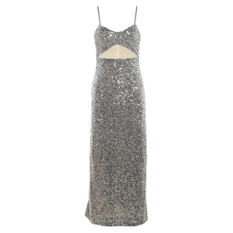 Glitter hollow out cami cut out midi dress