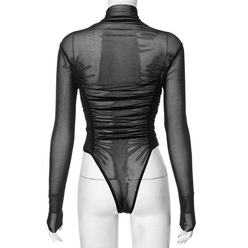 High neck see through long sleeve sheer mesh bodysuit