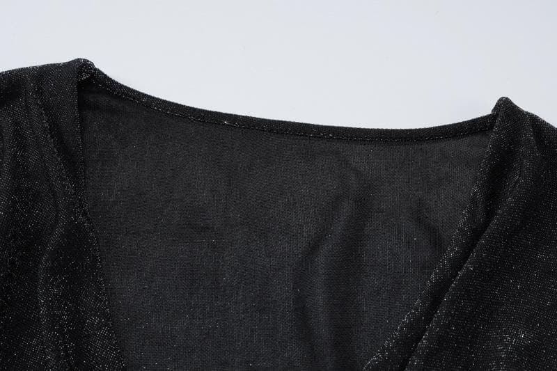 Long sleeve cowl neck ruched glitter solid mini dress