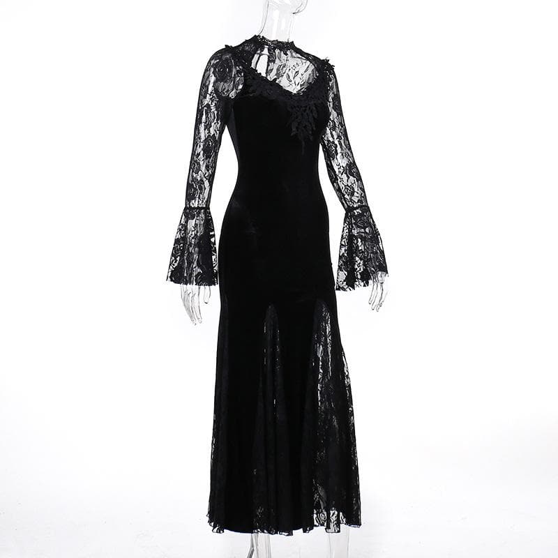 Long flared sleeve crewneck lace embroidery ruffle maxi dress